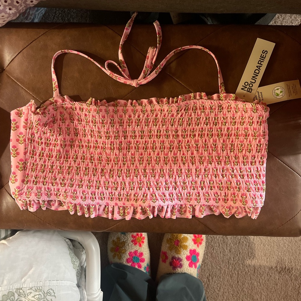 No Boundaries Pink Floral Bandeau Bikini Top - Picture 2 of 3